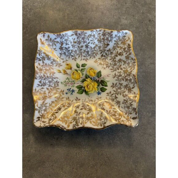 Glenmac Imports Tea Bag Holder Spoon Rest Yellow Roses And Gold Bone China Plate - Picture 1 of 3